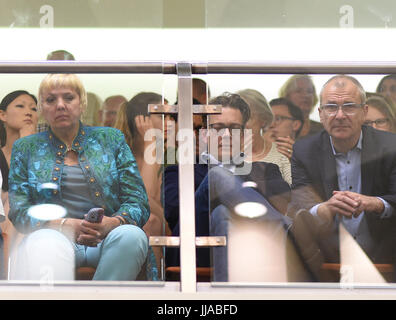 Munich, Germany. 19th July, 2017. Politicians from Buendnis 90/Die Gruenen Volker Beck (r-l), Konstantin von Notz and Claudia Roth sitting in the gallery of the court room at the Oberlandesgericht (Higher Regional Court) in Munich, Germany, 19 July 2017. The trial in the case of the murders and terrorist attacks by the 'Nationalsozialistischer Untergrund' (NSU) group continues. Photo: Andreas Gebert/dpa Pool/dpa/Alamy Live News Stock Photo