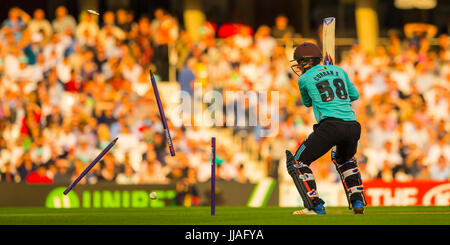 London, UK. 19th July, 2017. Sam Curran gets his stumps well and truely rearranged by Paul Walter batting for Surrey against Essex in the NatWest T20 Blast match at the Kia Oval. Credit: David Rowe/Alamy Live News Stock Photo