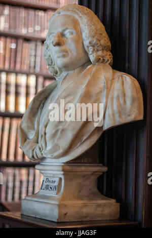 Doctor Lawson bust in the Long Room in Trinity College Dublin Ireland. Book of Kells. Stock Photo