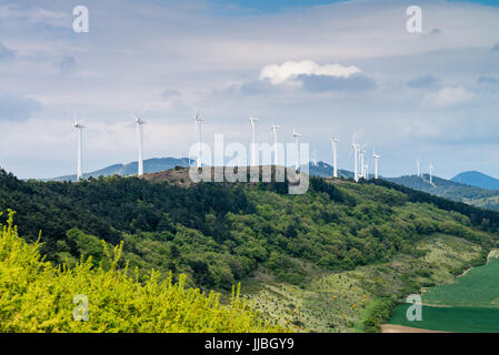 wind power plant, Camino de Santiago from Pamplona to the Puente la Reina, Escultura al Camino de Santiago, Spain, Europe. Stock Photo