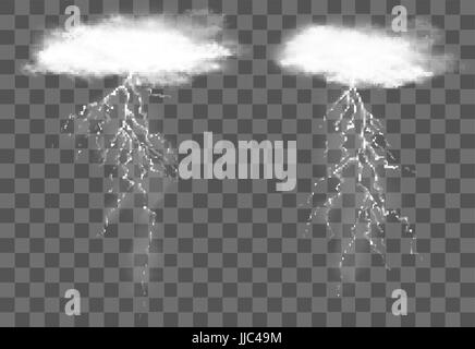 Realistic lightning cloud. White cloud and lightning bolt isolated on ...