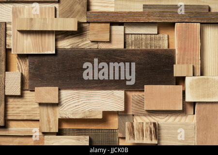 Natural wooden blocks in collage background. Used various forms and textures of wood. Stock Photo