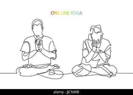 man and woman meditate in lotus position, lineart vector Stock Vector
