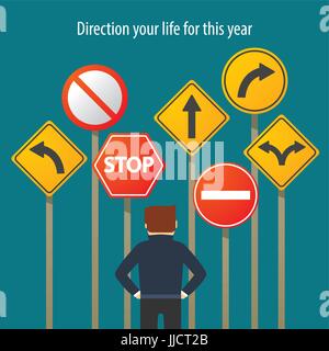 a man standing in front traffic signs Stock Vector