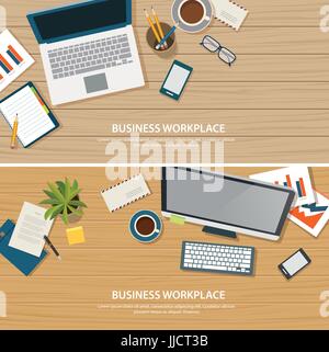 top view office workplace on wood table Stock Vector