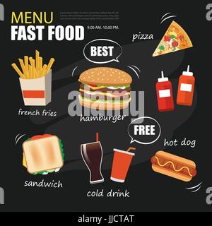 fast food menu on chalkboard background flat design Stock Vector