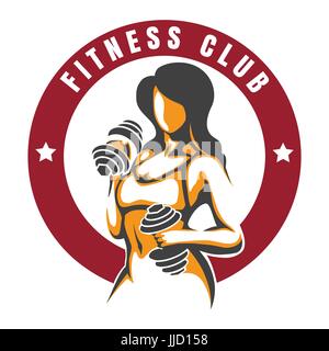 Fitness and Bodybuilding Colorful emblem with Woman Holding Weight. Vector illustration Stock Vector