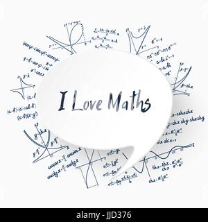 Vector I Love Maths concept background with speech bubble on workbook backdrop with different formulas, graphs Stock Vector