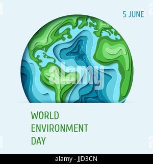 World Environment day concept. 3d paper cut eco friendly design. Vector illustration.  Paper carving Earth map shapes with shadow. Save the Earth conc Stock Vector