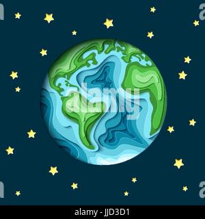 Astronomy background. 3d paper cut Earth  from space vector illustration.  Paper carving Earth map shapes with shadow on dark background with stars