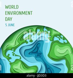 World Environment day concept. 3d paper cut eco friendly design. Vector illustration.  Paper carving Earth map shapes with shadow. Save the Earth conc Stock Vector