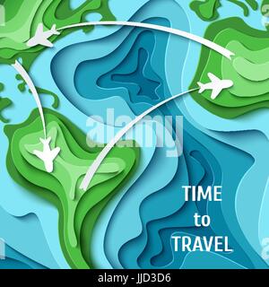 Paper planes flying across world map. Around the World - travel concept. 3d paper cut tourism design. Time to travel vector illustration. Vacation con Stock Vector