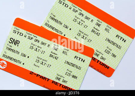 South West Trains train tickets for return trip between Yarmouth, Isle of Wight and Bournemouth showing price difference between Senior and standard Stock Photo