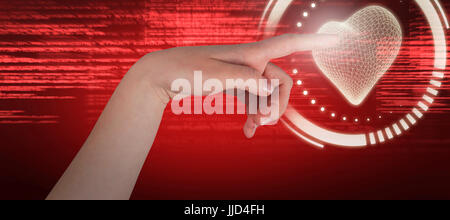 Close-up of cropped hand pointing against pink texts Stock Photo