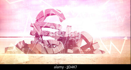 3d composite image of damaged currency symbols against stocks and shares Stock Photo