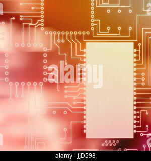 Digitally generated image of circuit board against light circles on black background Stock Photo