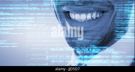 Mid section of smiling businessman against grey vignette Stock Photo