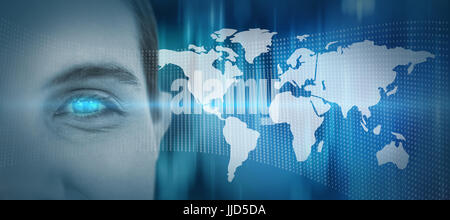 Close up portrait of businesswoman against blue glowing dots design pattern Stock Photo