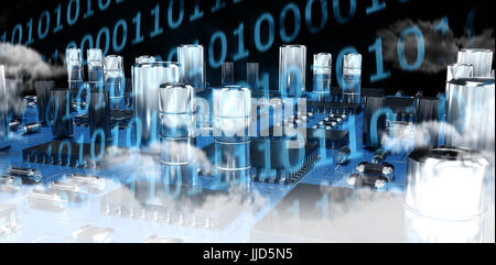 Close up of blue circuit board against clouds around binary codes Stock Photo