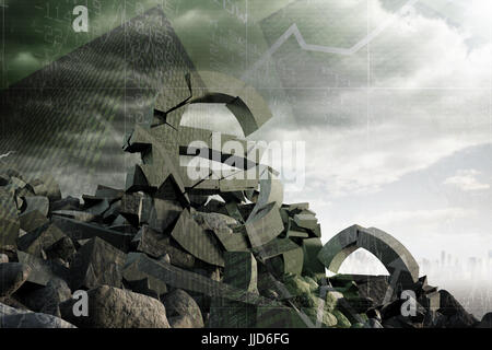 3d composite image of damaged currency symbols against modern buildings with graphs and numbers Stock Photo