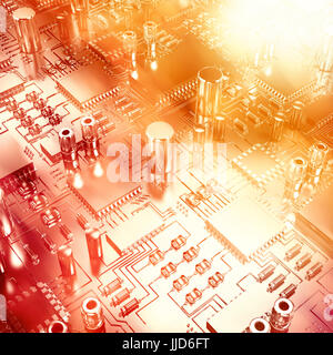 Close up of circuit board against glowing background Stock Photo