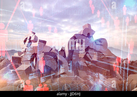 3d composite image of damaged currency symbols against binary codes and people icons Stock Photo