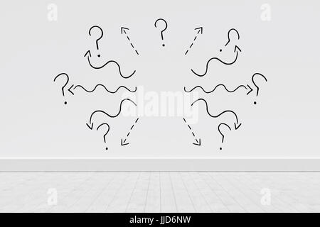 Black curve line with question mark against white background against gray flooring and wall Stock Photo