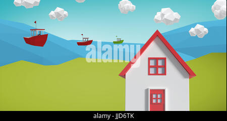 3d illustration of red house against composite image of plane icon Stock Photo