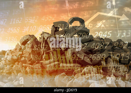 3d composite image of damaged currency symbols against road and graphs with numbers during sunset Stock Photo