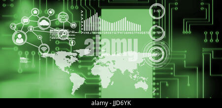 Digitally generated image of circuit board against light circles on black background Stock Photo