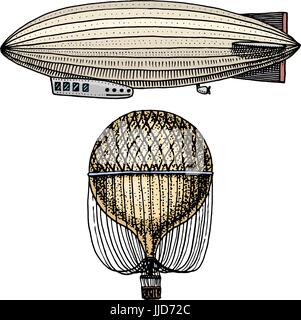 airship or zeppelin and dirigible or blimp, air balloon or aerostat illustration. For travel. engraved hand drawn in old sketch style, vintage transport. Stock Vector