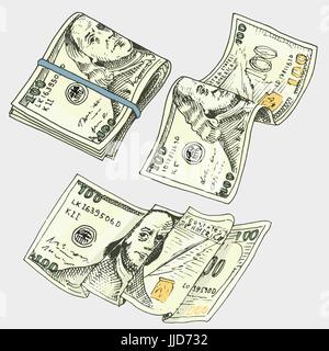 Detailed currency banknotes or american Franklin Green 100 dollars or cash and coin. engraved hand drawn in old sketch style, vintage money bill icons. financial success of US. Bag or purse of gold. Stock Vector