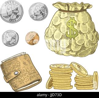 Detailed currency banknotes or american Franklin Green 100 dollars or cash and coin. engraved hand drawn in old sketch style, vintage money bill icons. financial success of US. Bag or purse of gold. Stock Vector