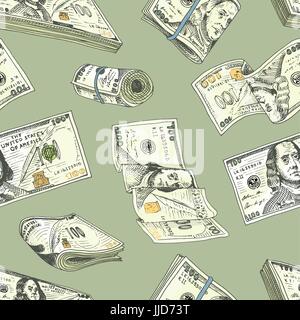 Detailed currency banknotes or american Franklin Green 100 dollars or cash and coin. engraved hand drawn in old sketch style, vintage money bill icons. Seamless pattern. Bag or purse of gold. Stock Vector