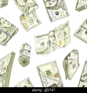 Detailed currency banknotes or american Franklin Green 100 dollars or cash and coin. engraved hand drawn in old sketch style, vintage money bill icons. Seamless pattern. Bag or purse of gold. Stock Vector