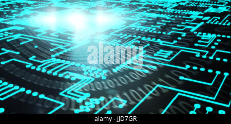 Digitally generated image of blue circuit board against spiral of shiny binary code Stock Photo