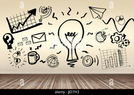 Digital generated image of light bulb amidst business icons against room with wooden floor Stock Photo