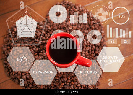 Composite image of charts and percentages against overhead view of coffee cup with heart shaped beans Stock Photo