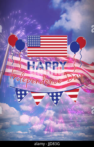 Digitally composite image of Happy independence day text  against colourful fireworks exploding on black background Stock Photo