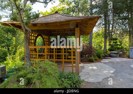 Wooden Gazebo at Tsuru Island Japanese Garden in Gresham Oregon city park Stock Photo