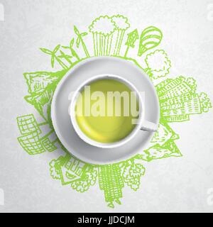 Green tea with circle ecology doodles. Sketched eco elements with cup of green tea, vector illustration Stock Vector