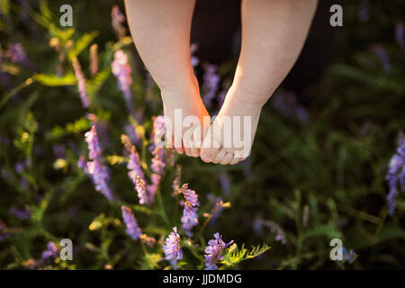 Legs of little baby boy against green meadow with purple flowers Stock Photo