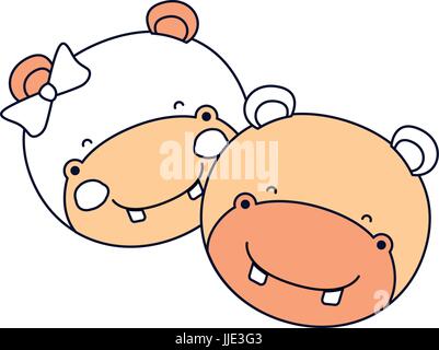 silhouette color sections faces of hippo couple animal happiness expression Stock Vector