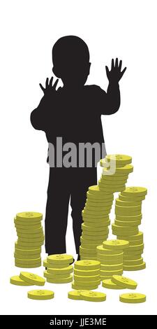 Children's capital. Silhouette of a boy and gold coins. Illustration for your design Stock Vector