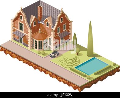 Set vector isometric tile buildings and other structures with areas and elements of the landscape Stock Vector
