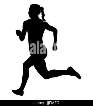 back girl athlete runner running sprint black silhouette Stock Photo