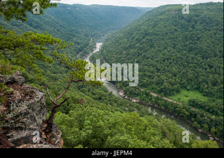 A rocky outcrop looks over the New River Gorge and the New River, a National River and part of the National Park system, in the Appalachian Mountains near Fayetteville, WV.  The New River National River is a popular destination for rafters, rock climbers and nearby is the Boy Scouts of America Summit Adventure Basel