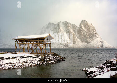 The building for drying and drying fish in Norway, on Lofoten Islands Stock Photo