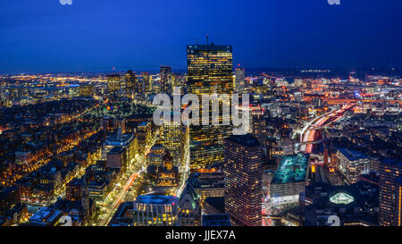 Boston Skyline at Night Aerial View Stock Photo