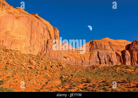 Moonrise over Spearhead Mesa, Monument Valley, Arizona, America, USA Stock Photo